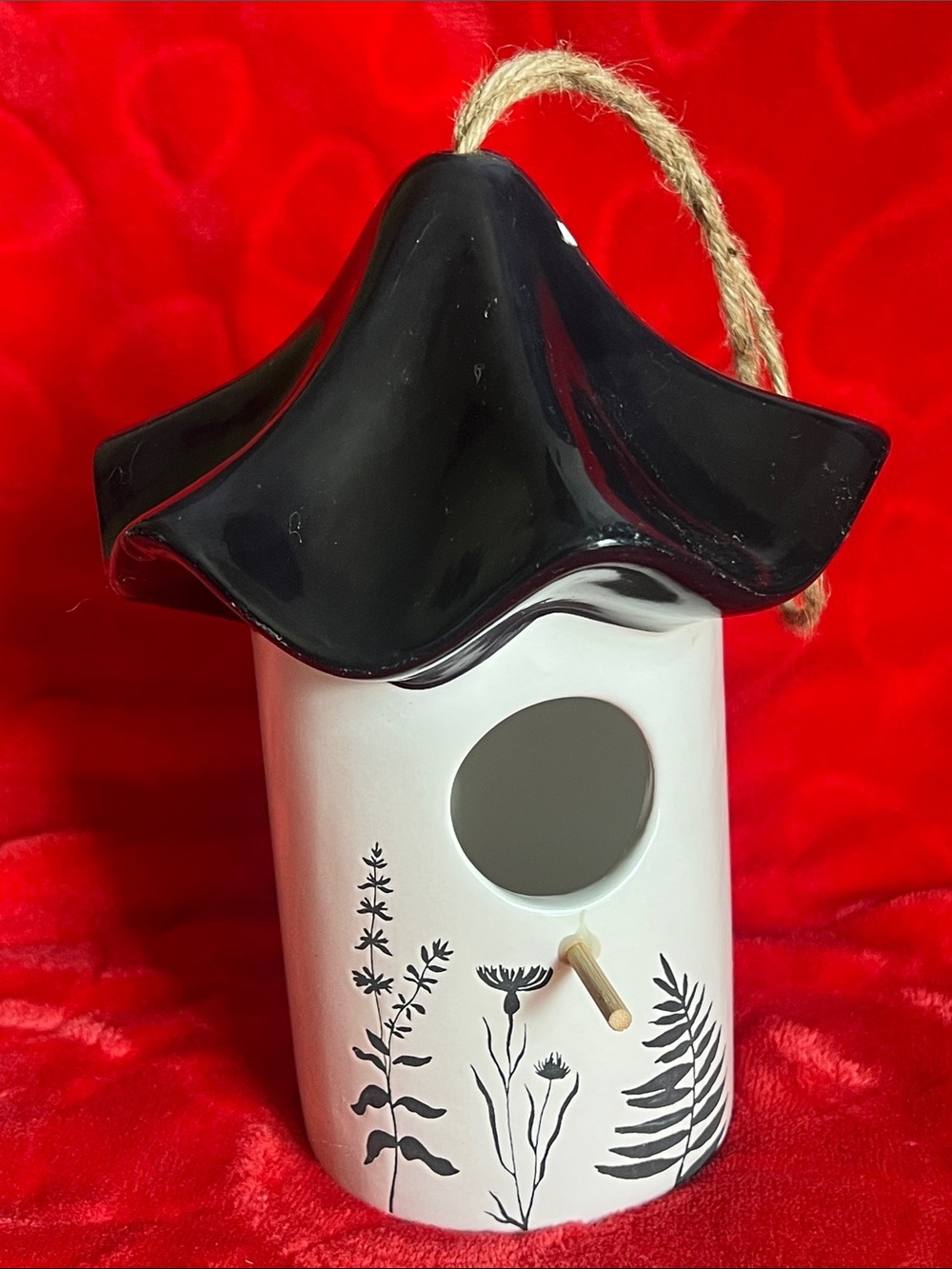 Ceramic Hanging Birdhouse with Black Roof and Floral Design